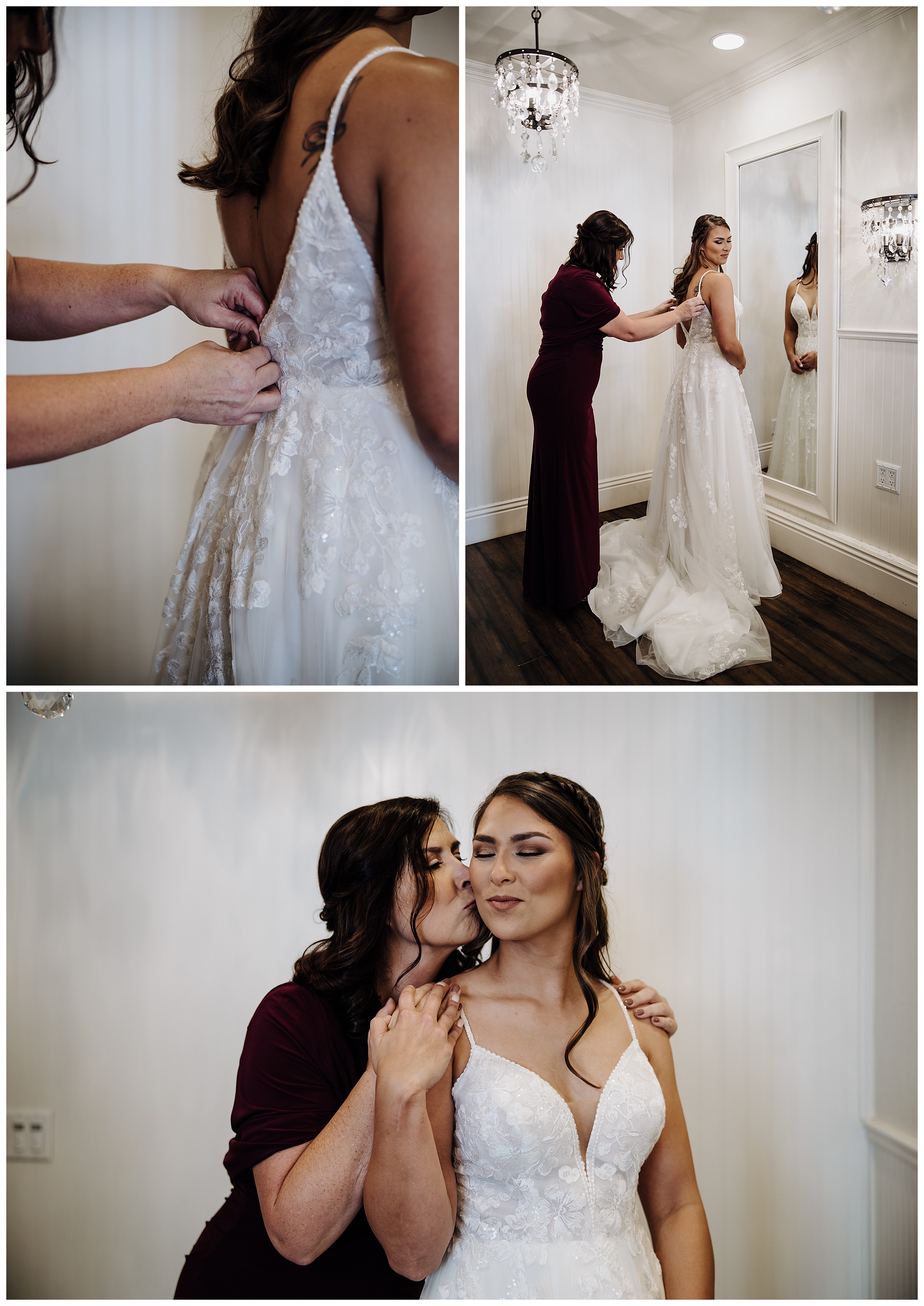 mom zipping up daughter's wedding dress