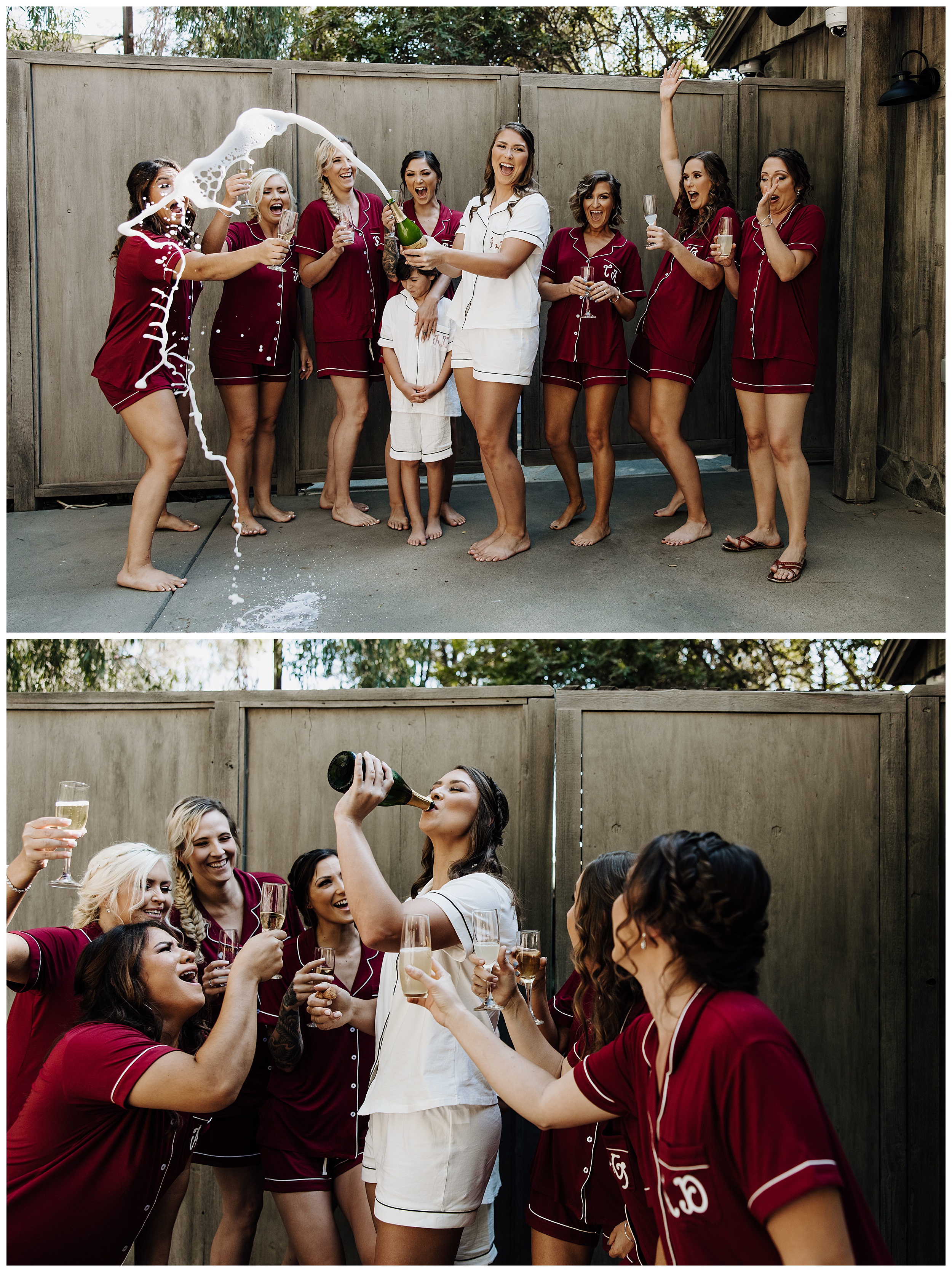 bridal party popping champagne