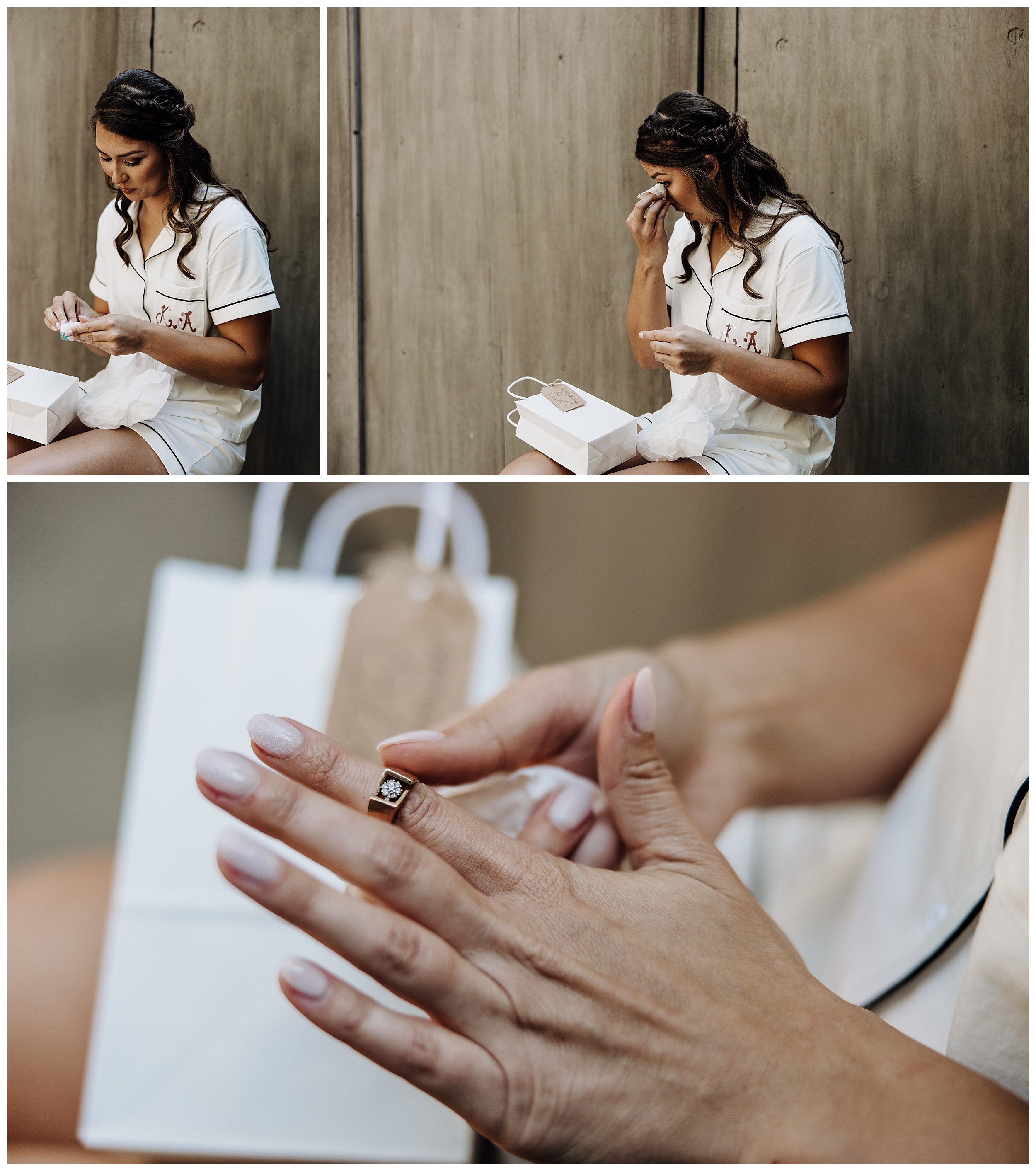 bride opening gift from groom