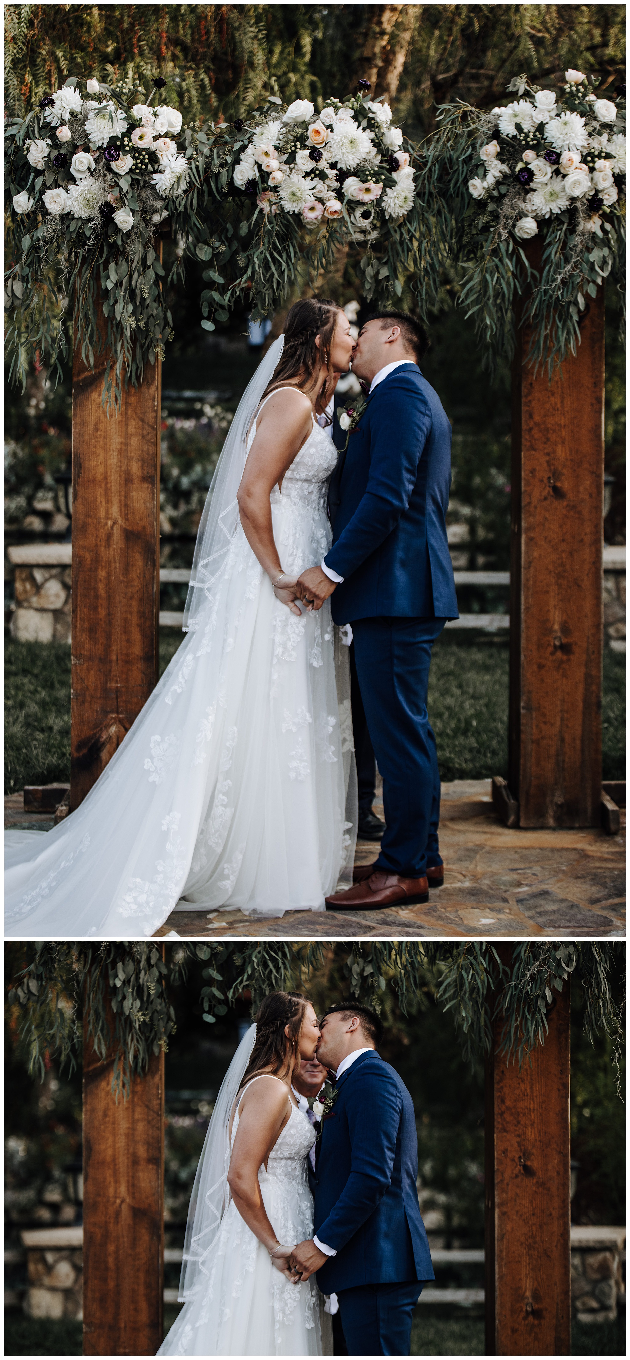 bride and groom first kiss
