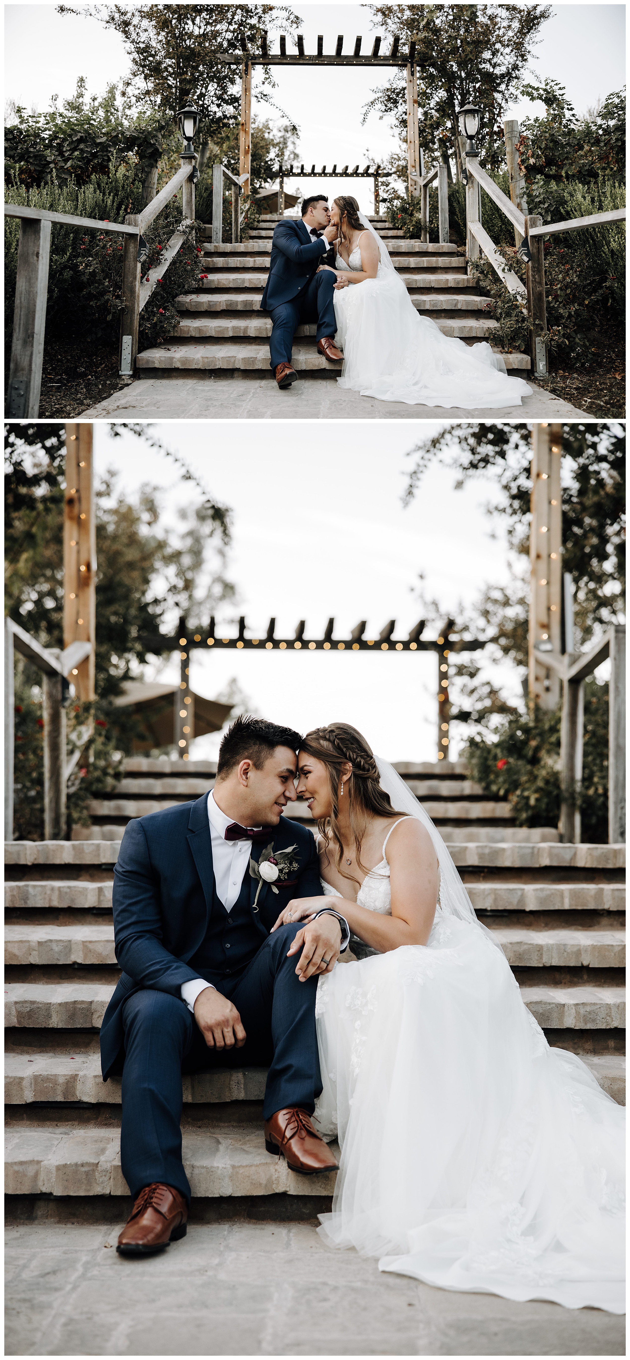 bride and groom sitting on stairs