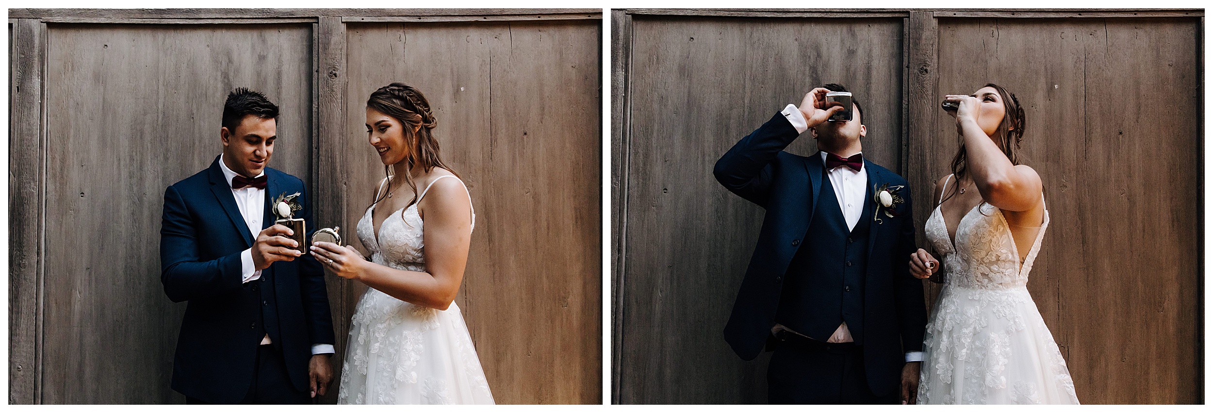 bride and groom drinking out of a flask
