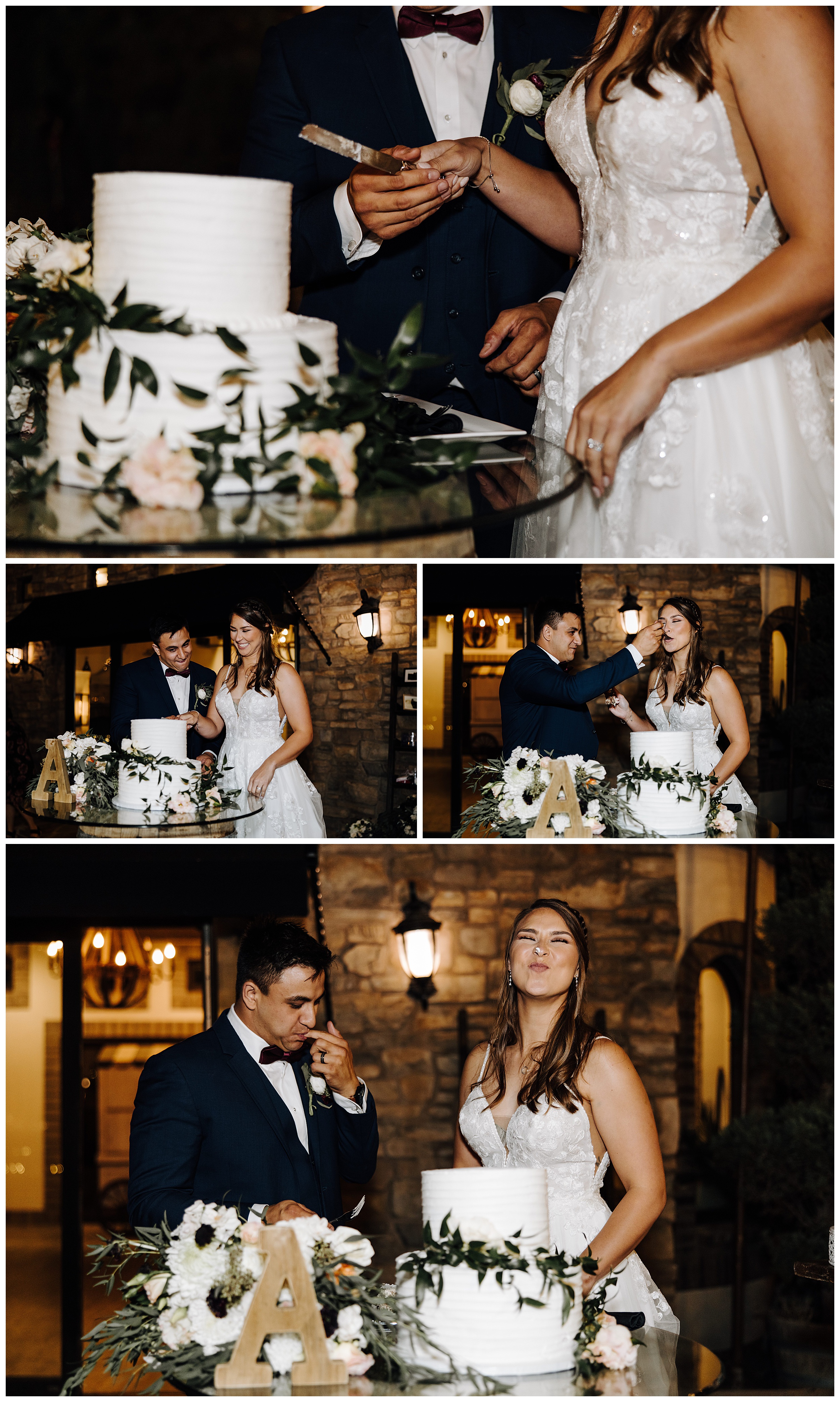 bride and groom cutting cake