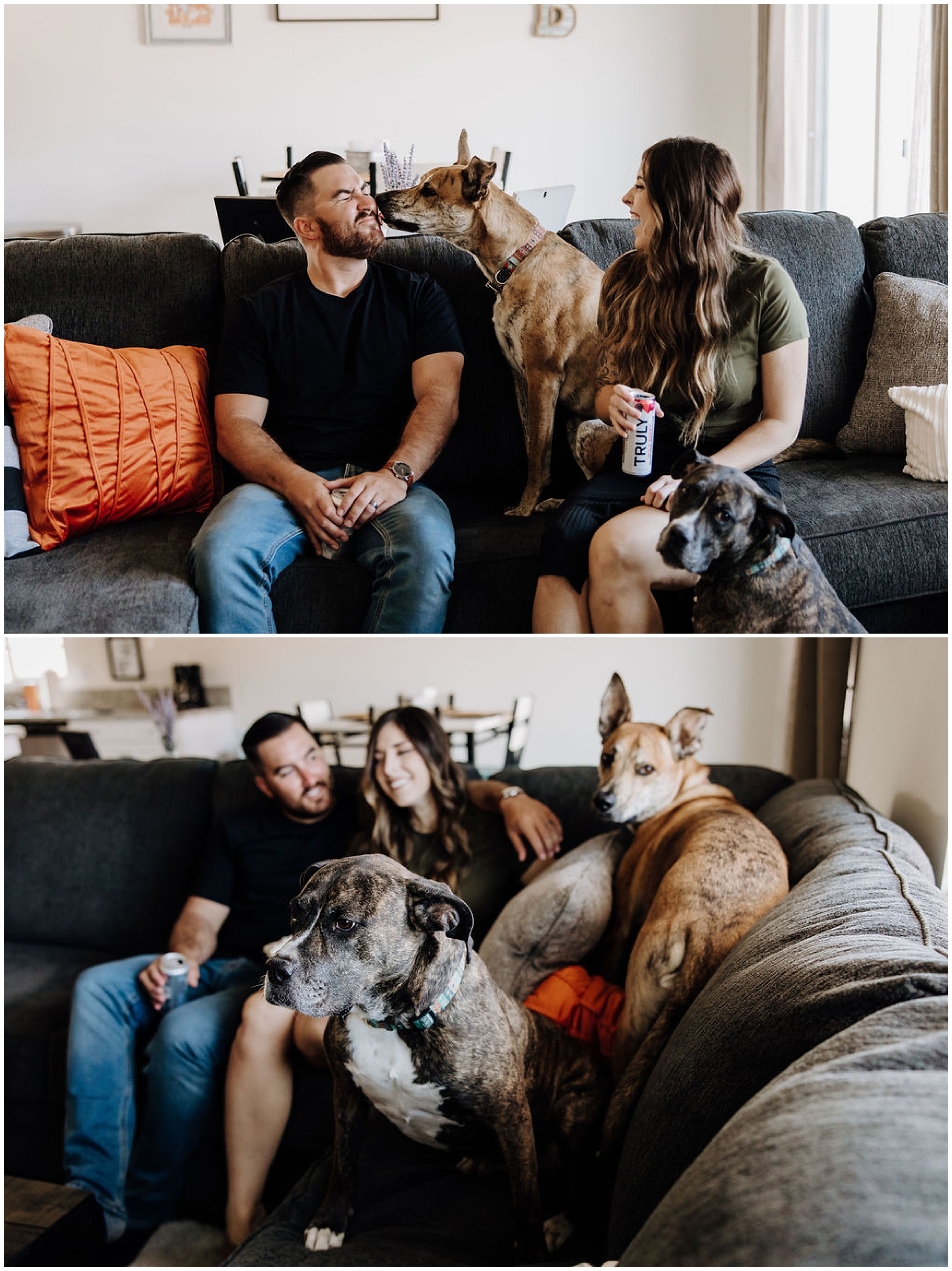couple sitting on couch with dogs