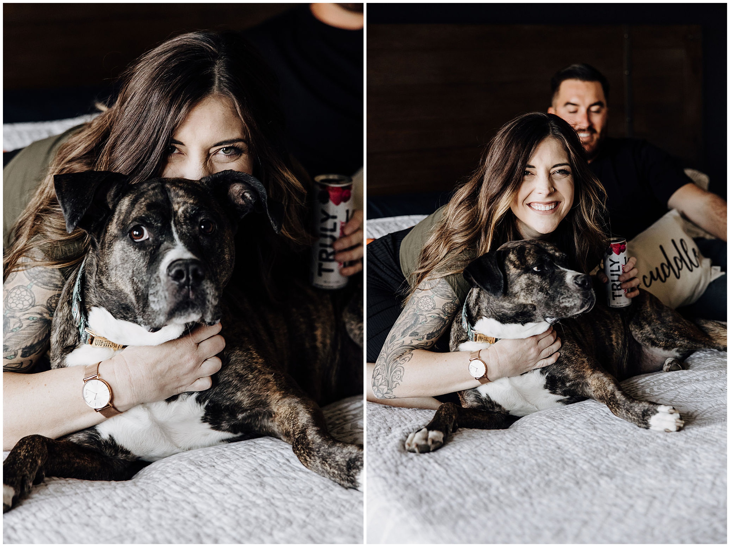 couple with dog on bed