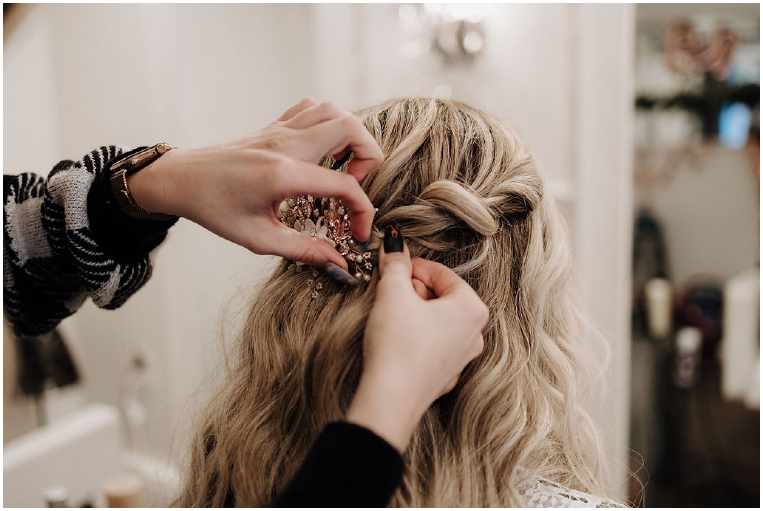 bride getting hair done