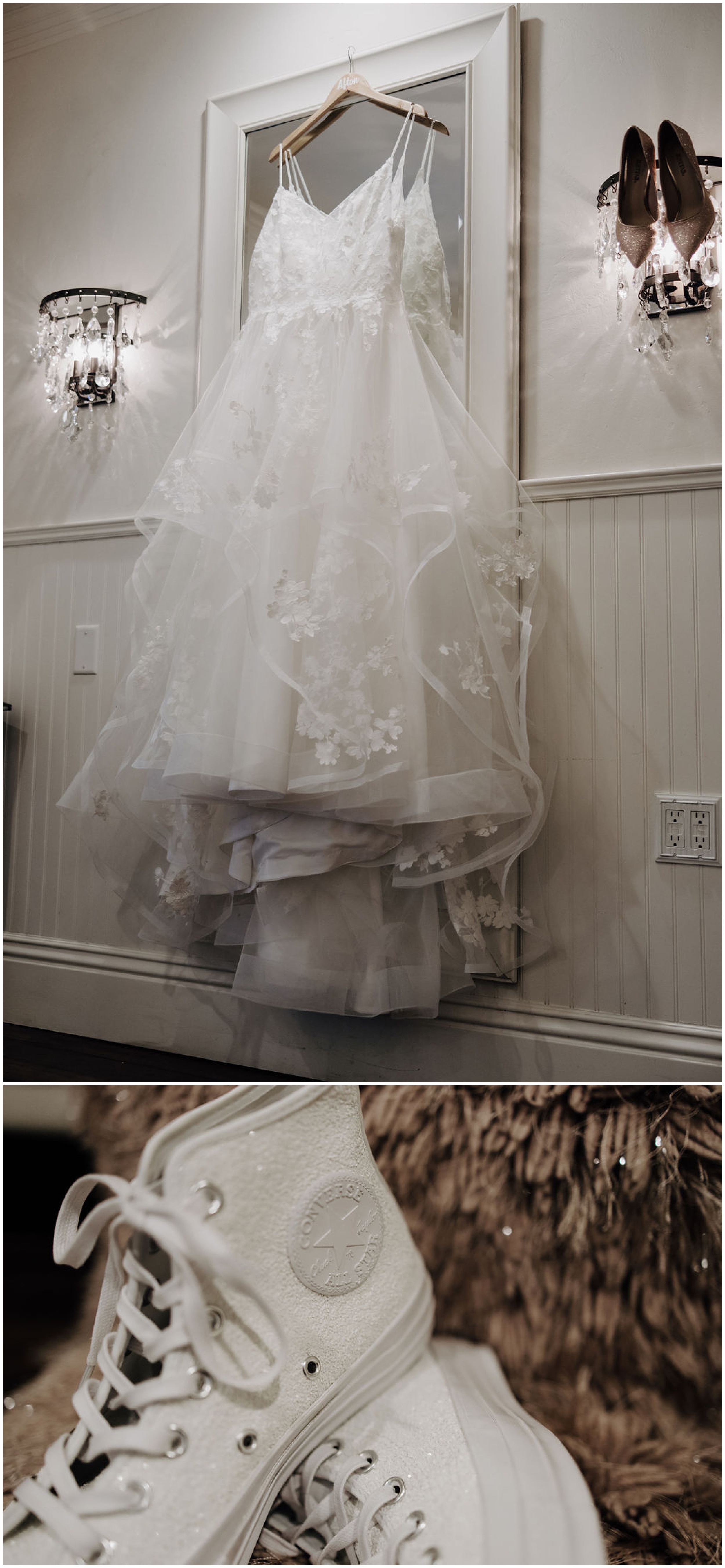 wedding dress hanging on wall