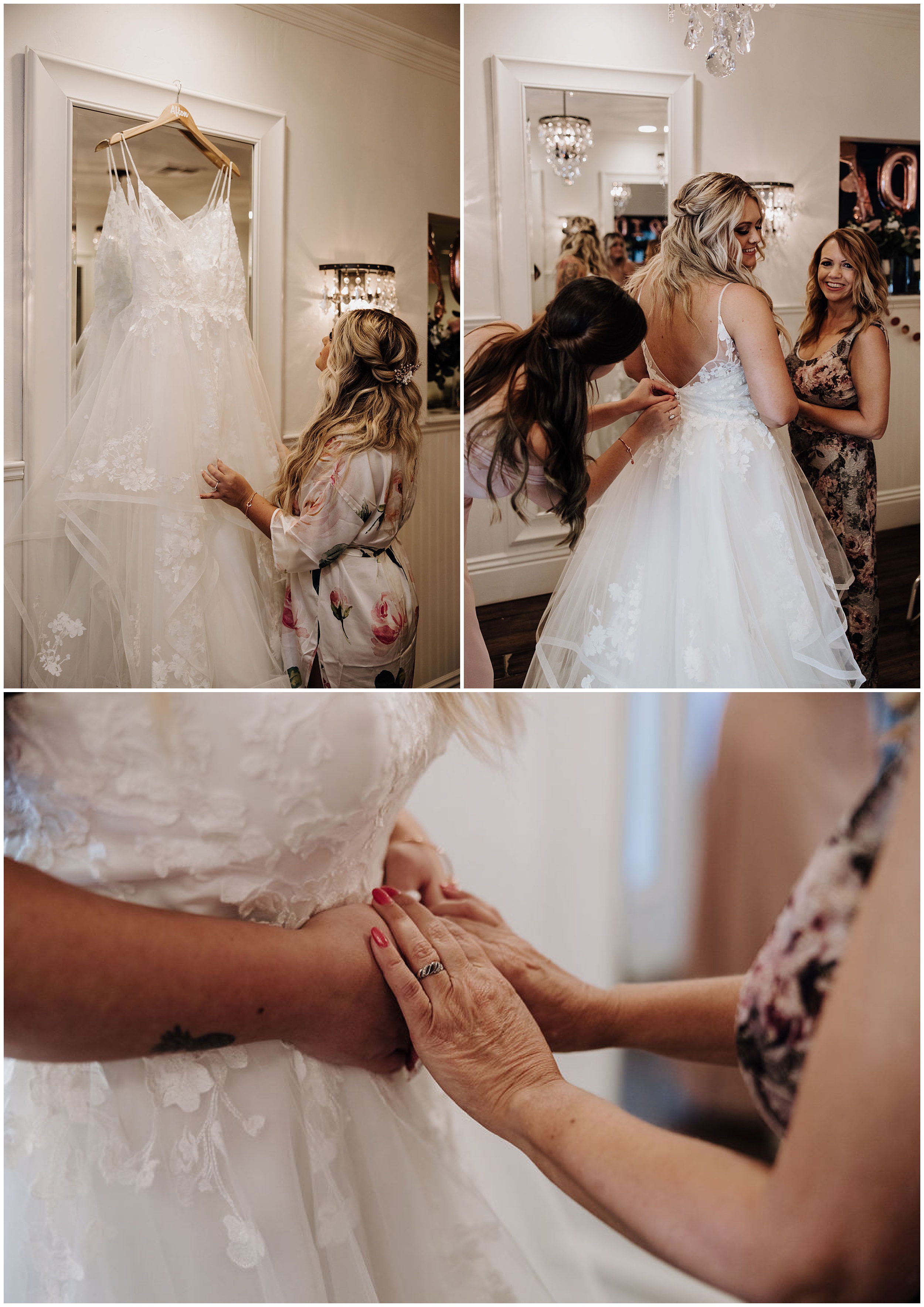 bride getting wedding dress on