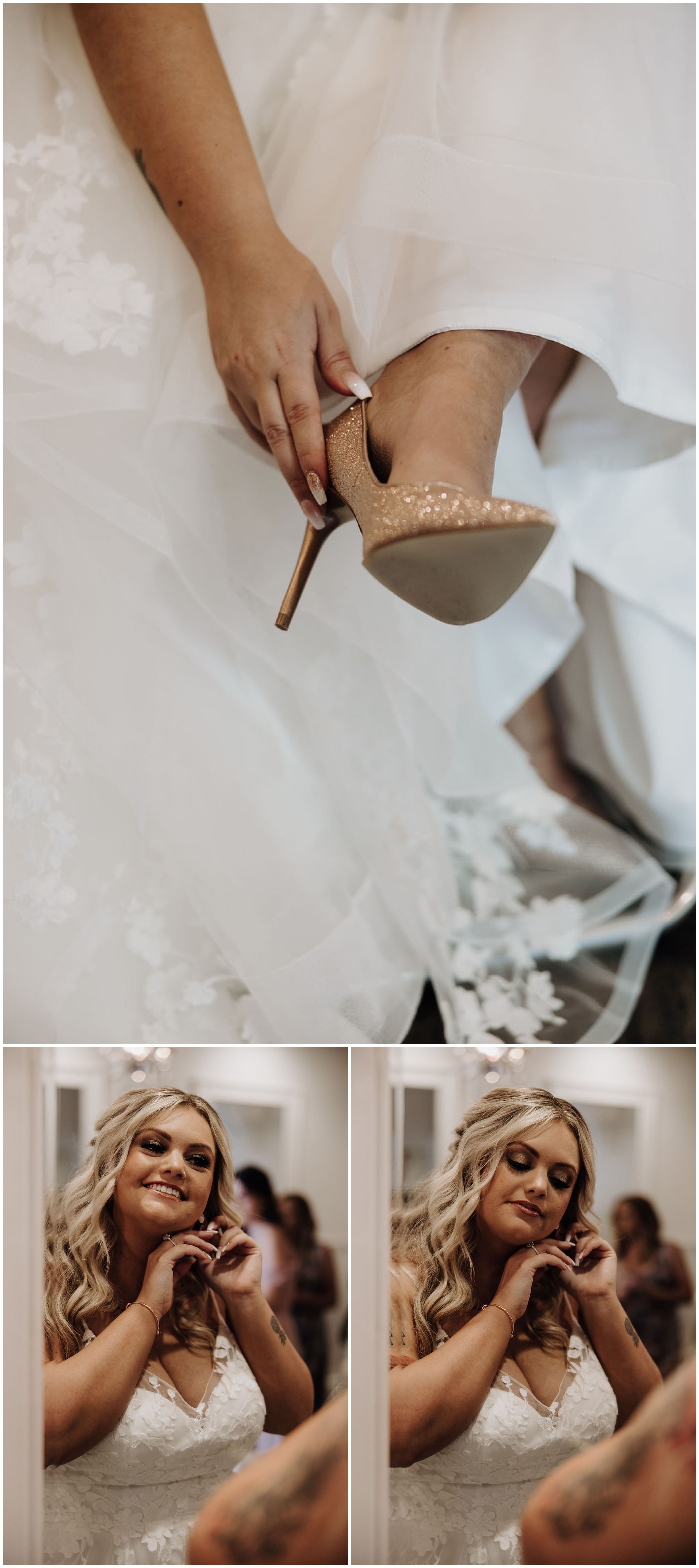 bride putting on wedding shoes