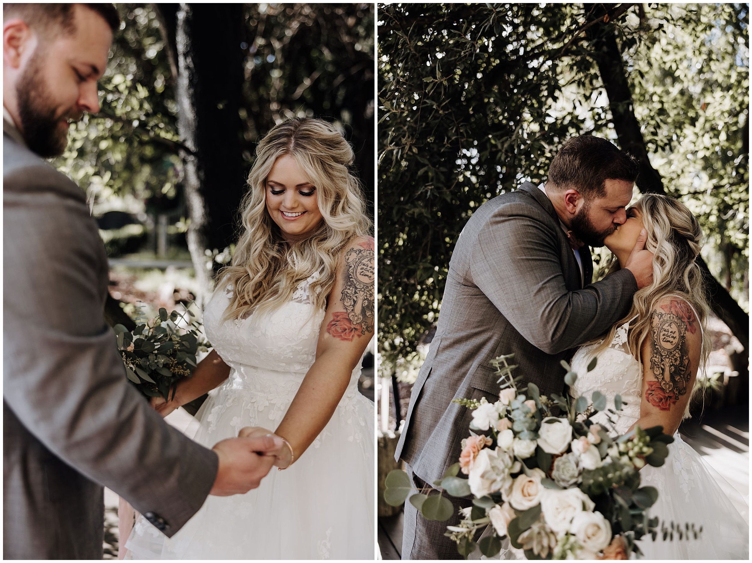 bride and groom holding hands and kissing