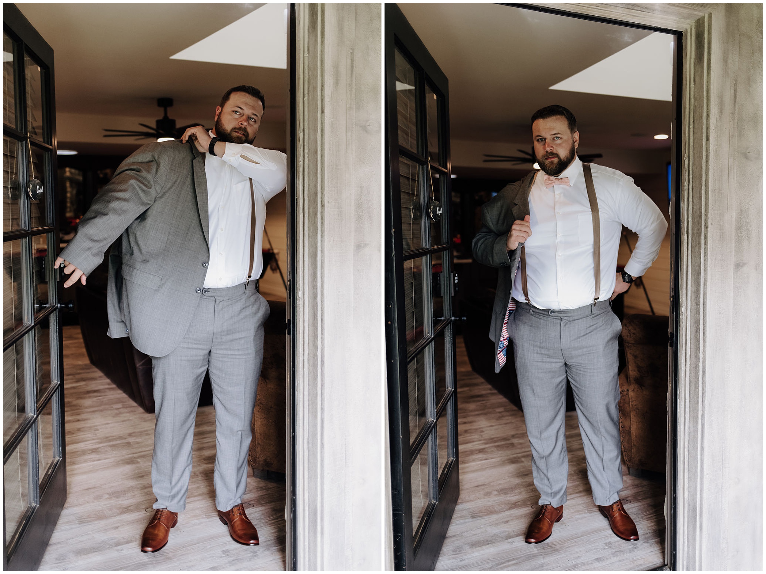 groom putting on suit