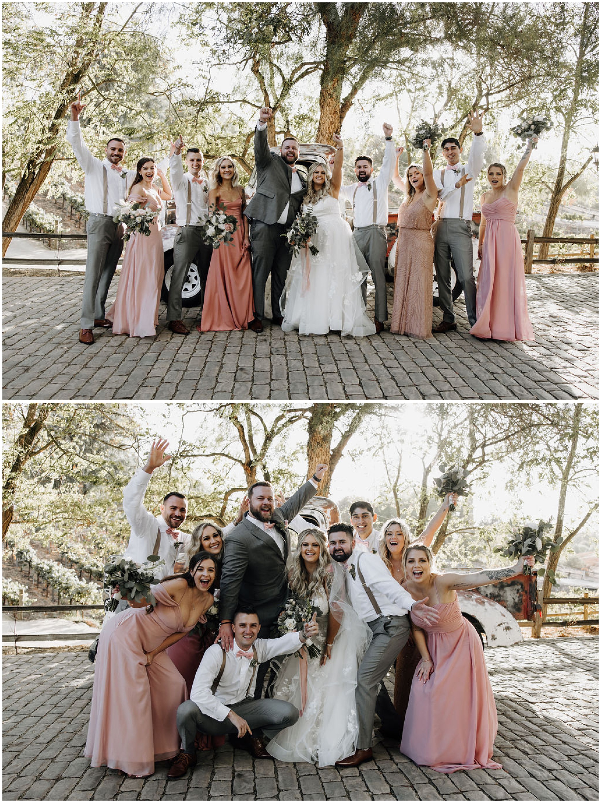 bride and groom laughing with wedding party