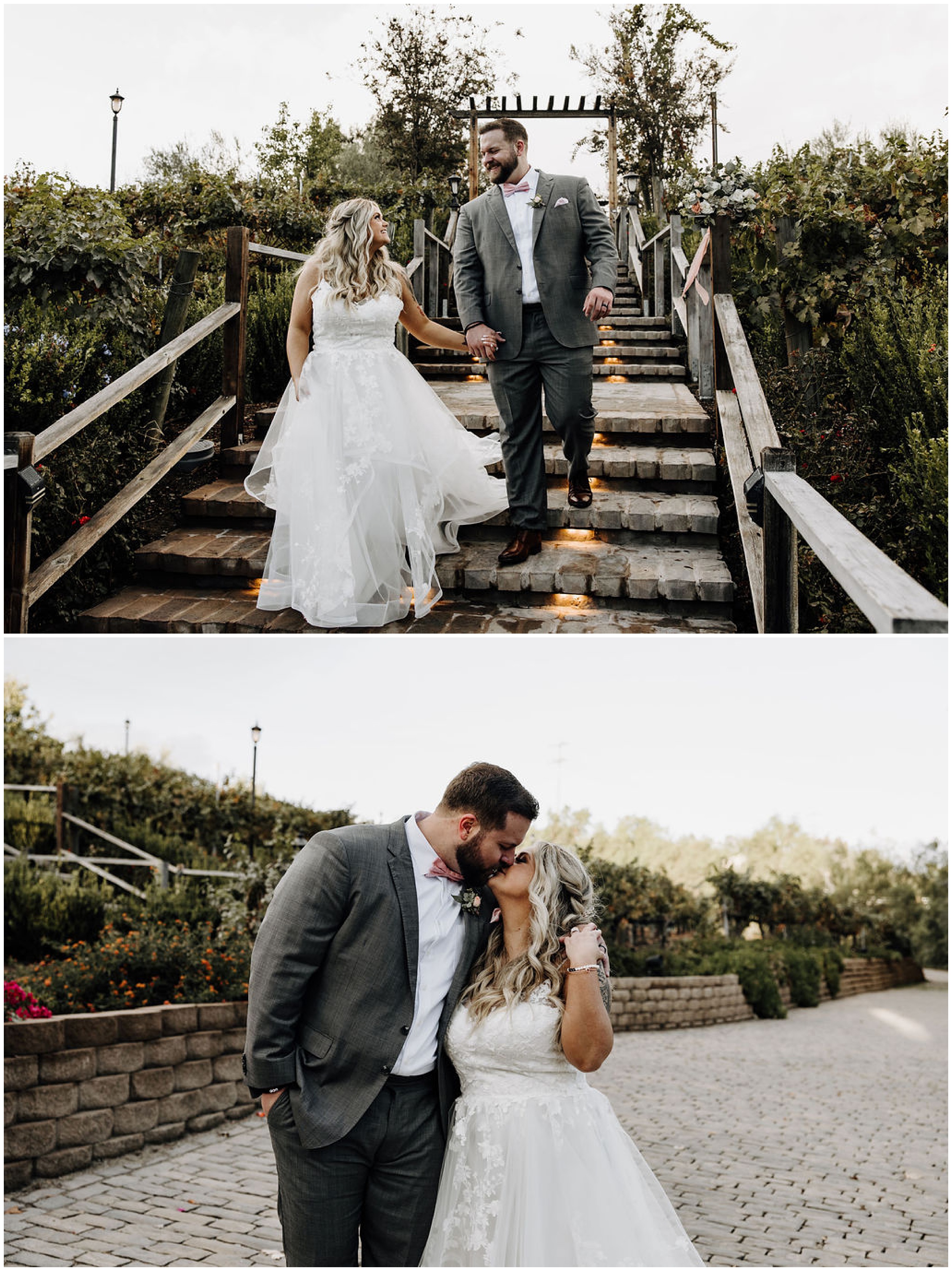 bride and groom holding hands and walking up stairs