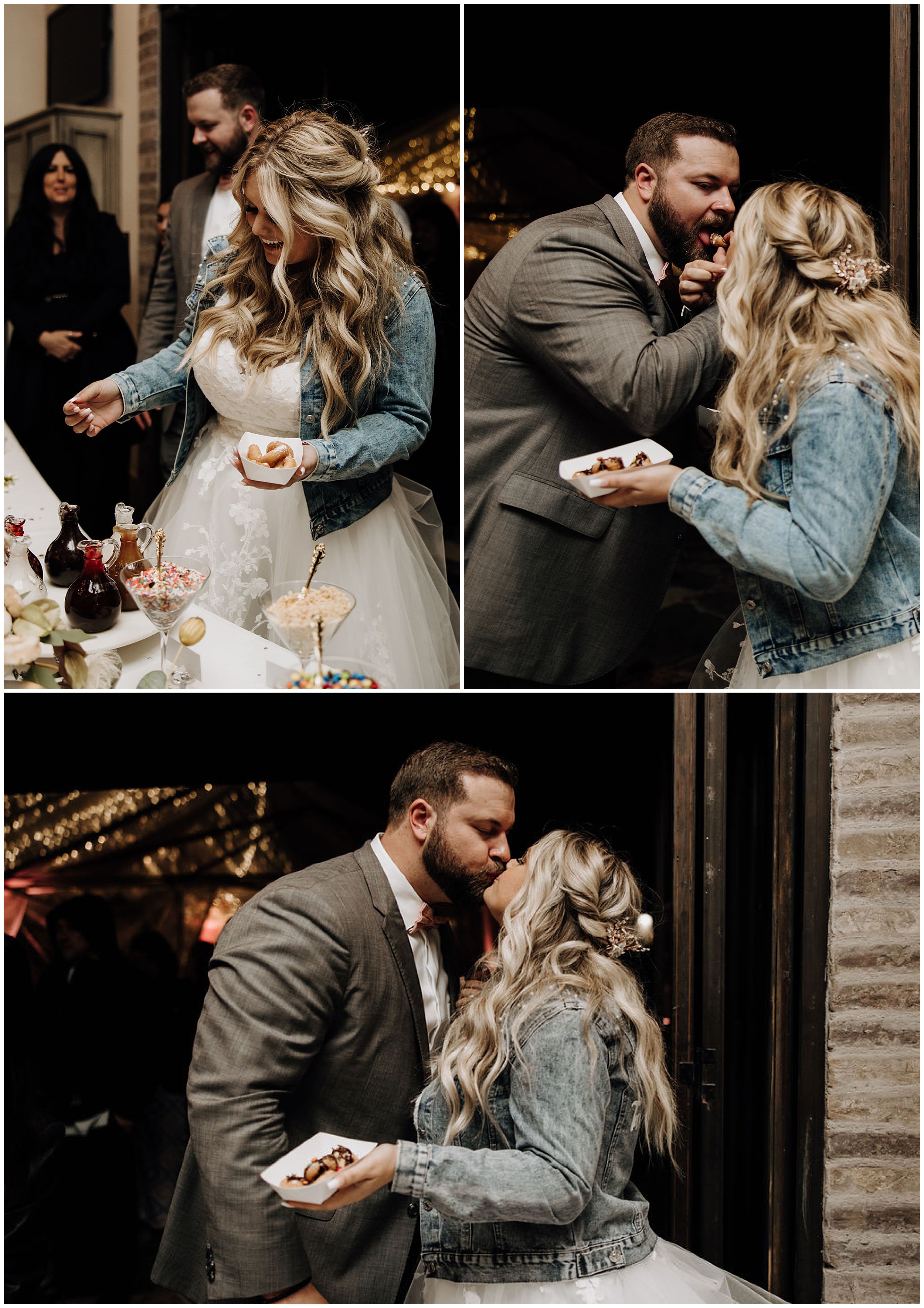 bride and groom eating dessert