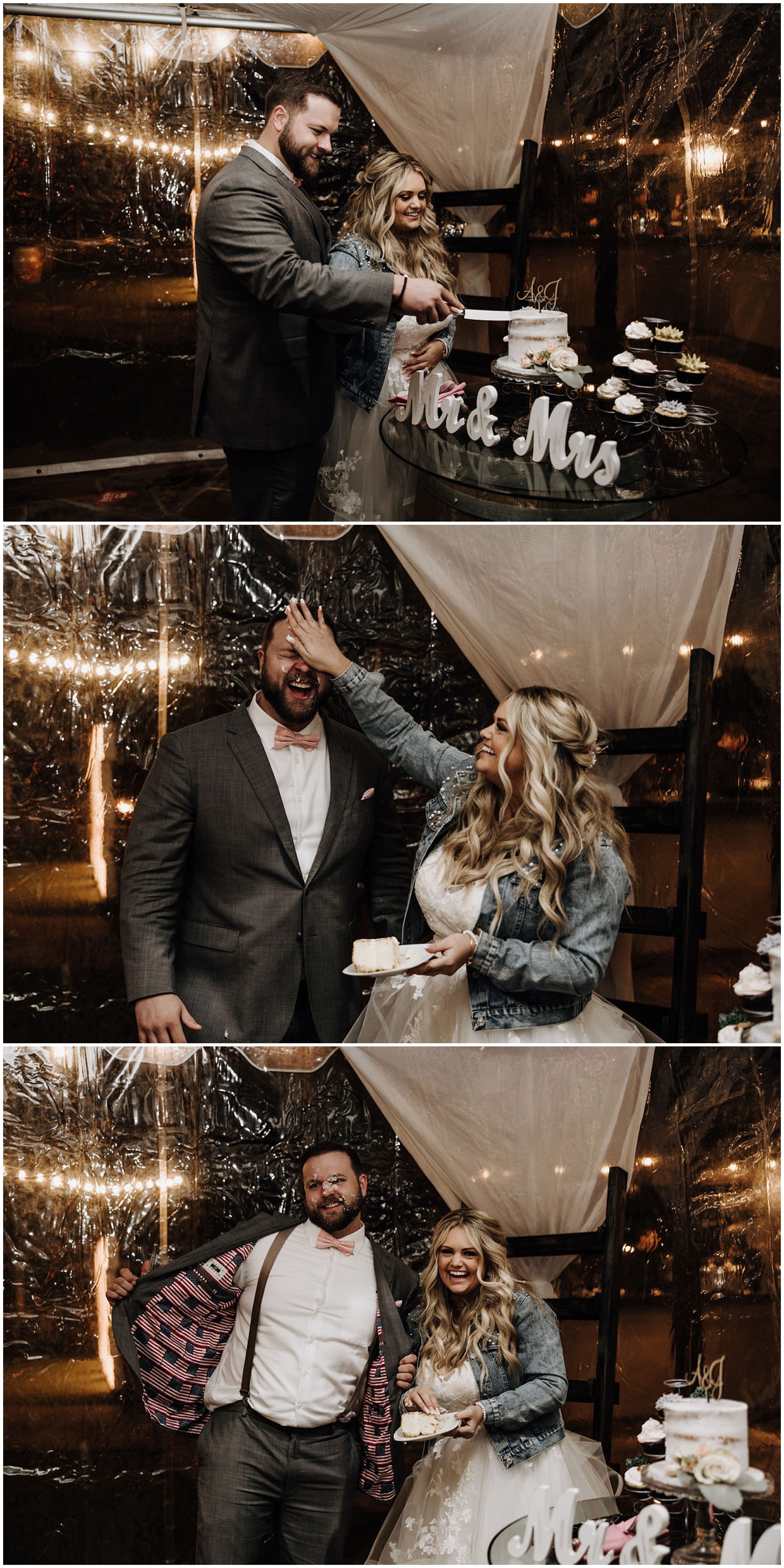 bride and groom cutting cake