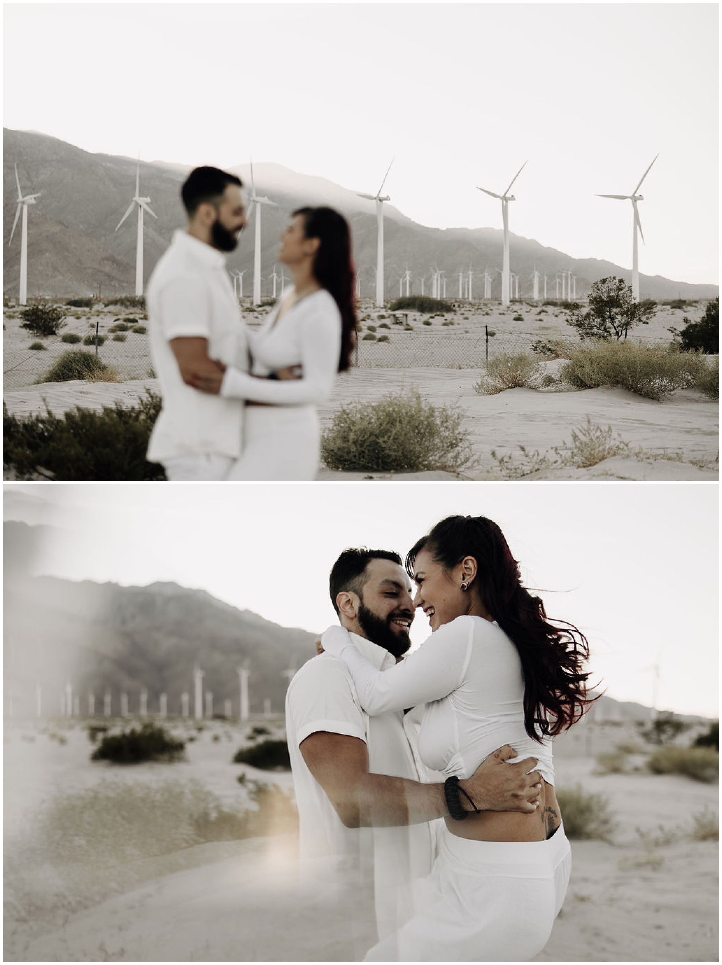 couple kissing by windmills in desert