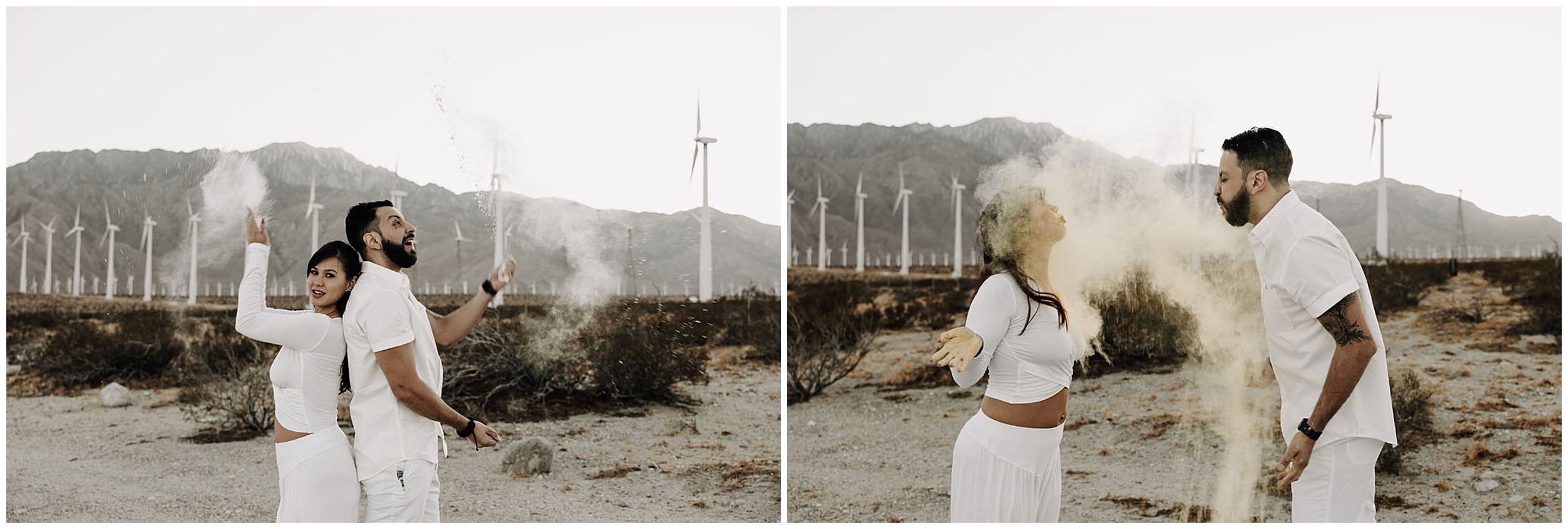 couple throwing colored powder in desert