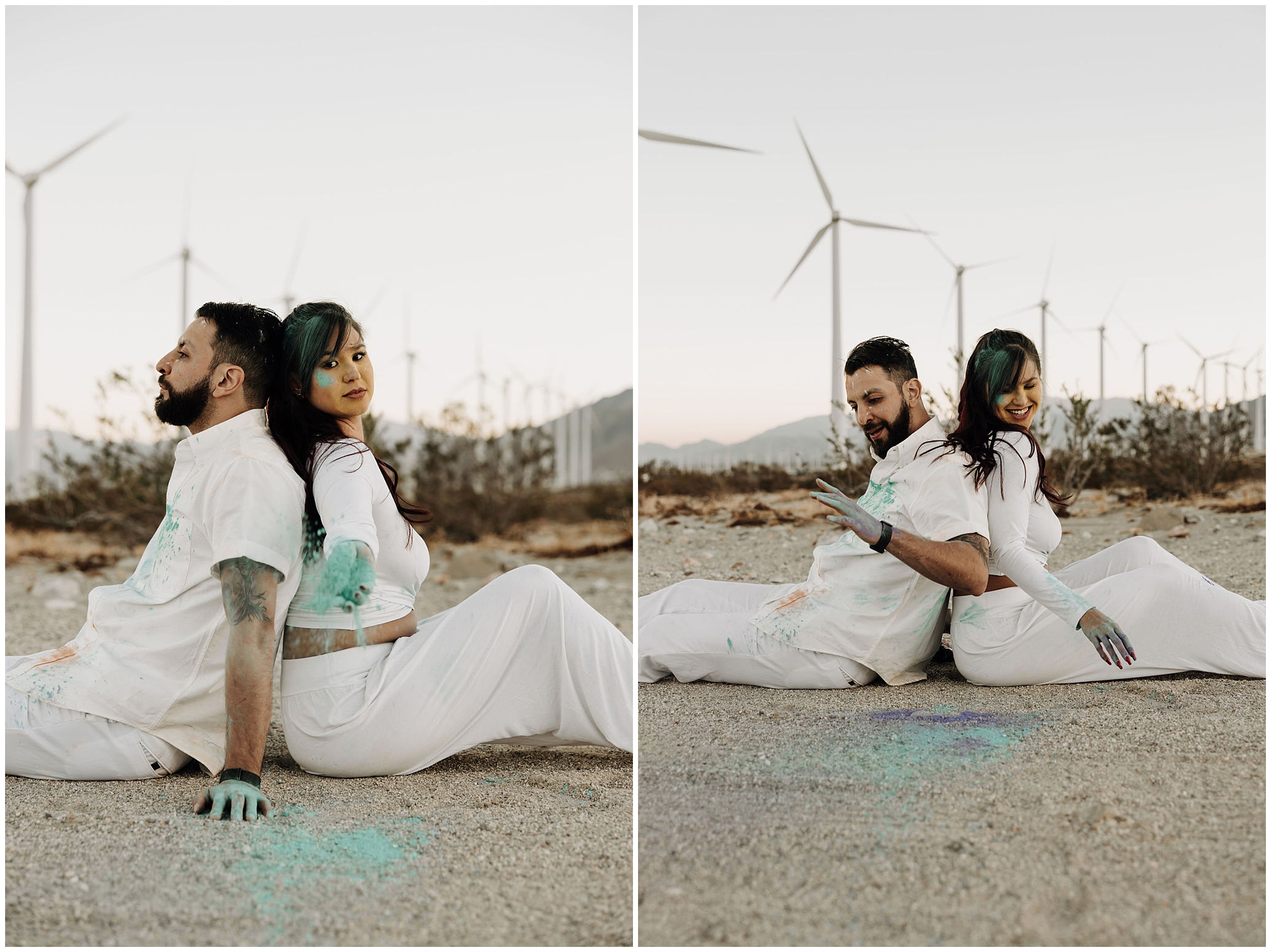 couple sitting by windmills