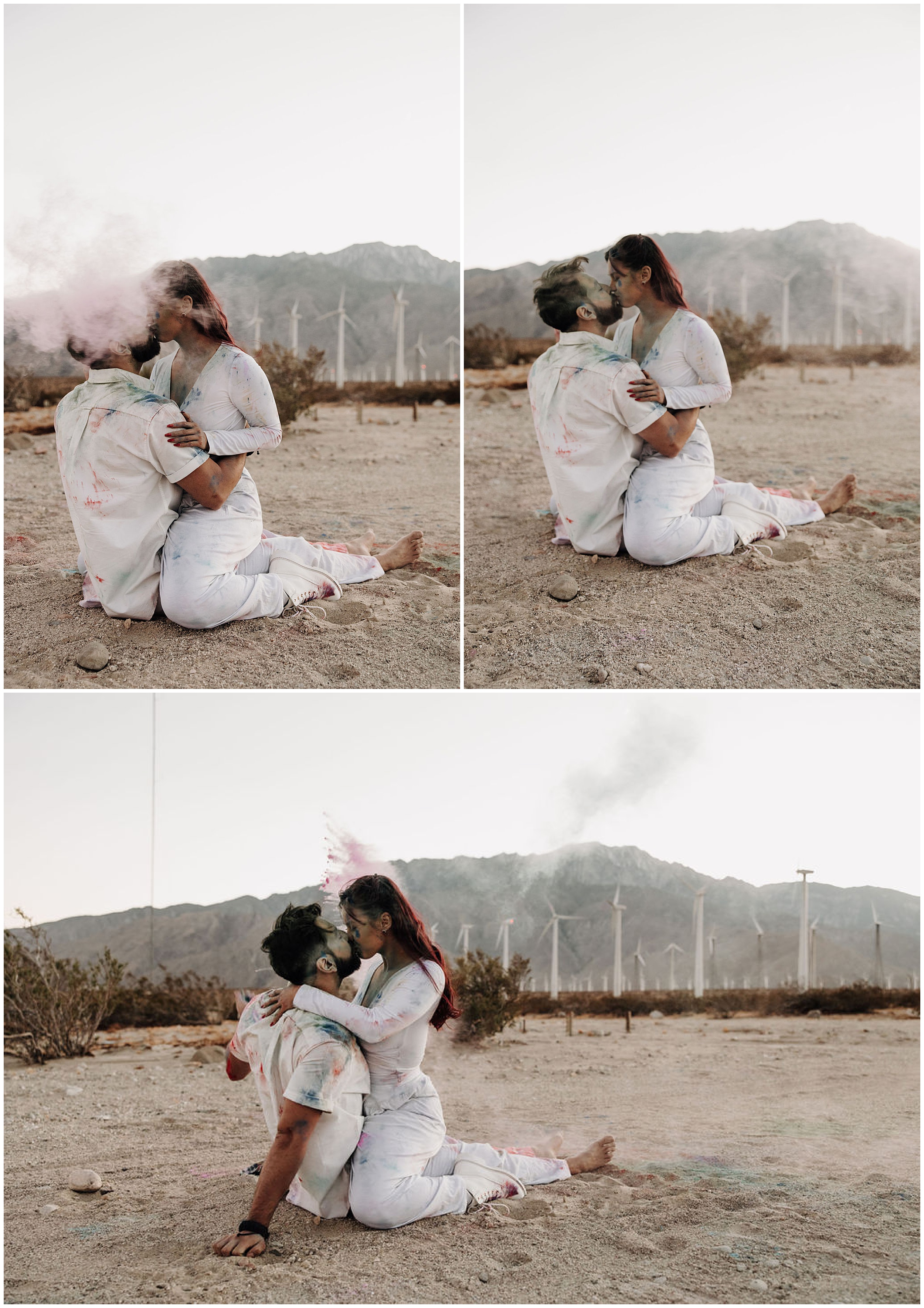 couple throwing colored powder and kissing