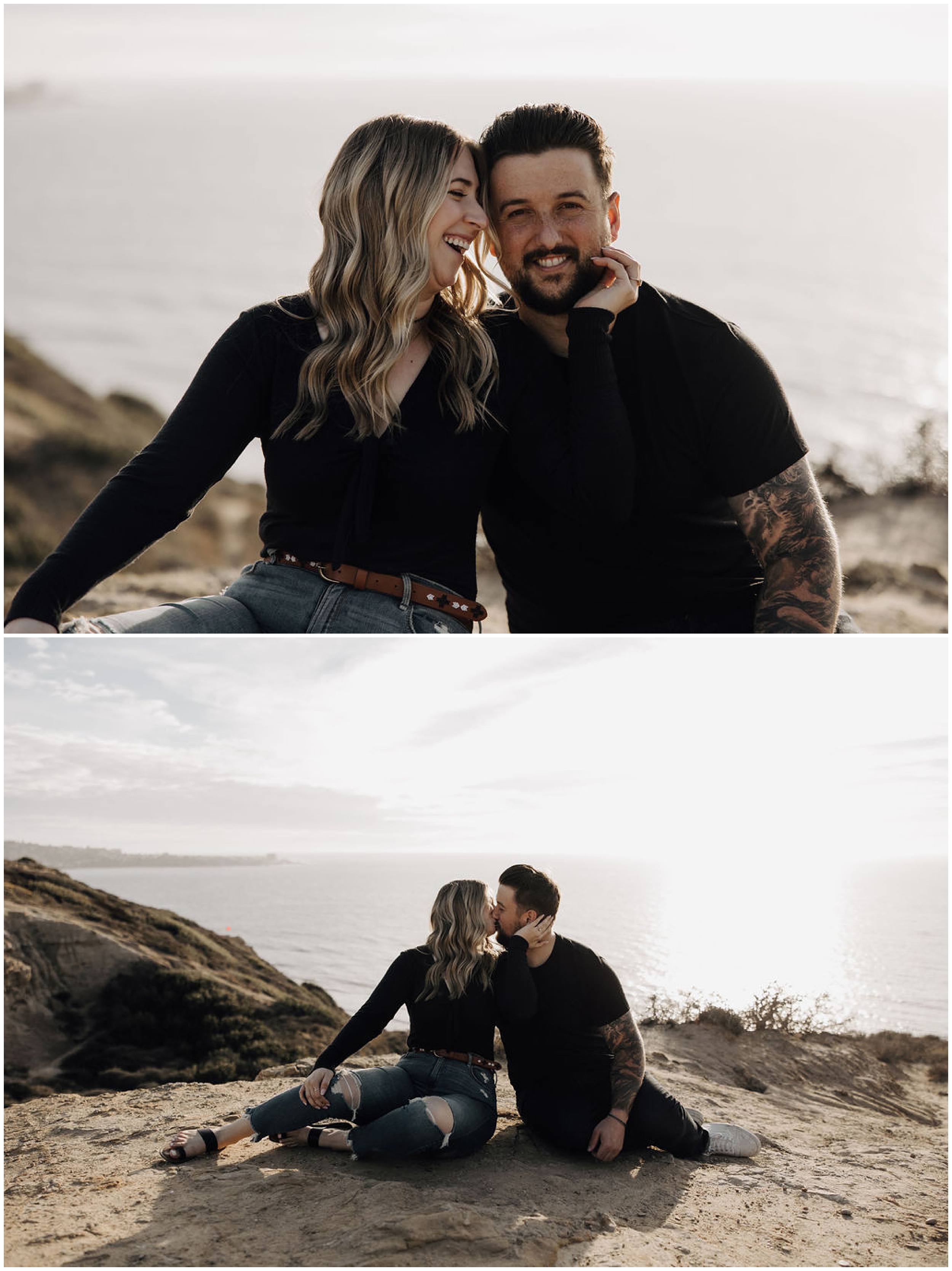 couple snuggling on a mountain