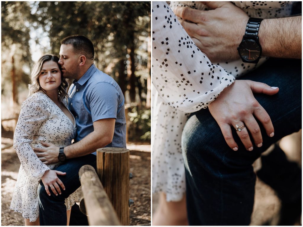 couple kissing and leaning on fence