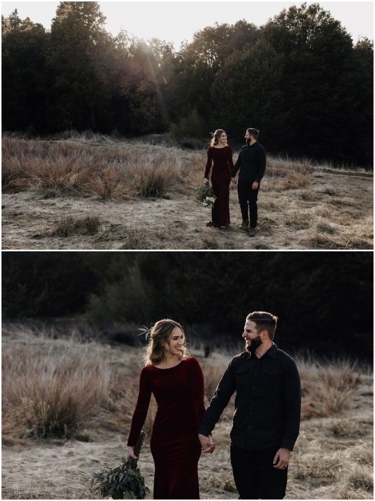 couple walking in field