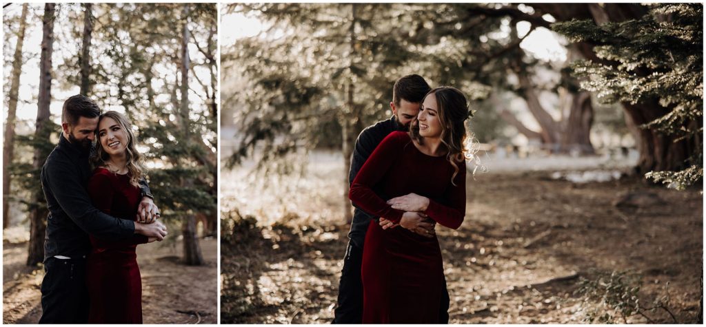 couple hugging in forest