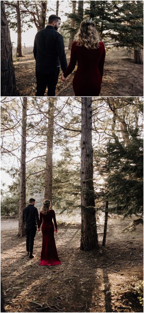 couple walking through forest