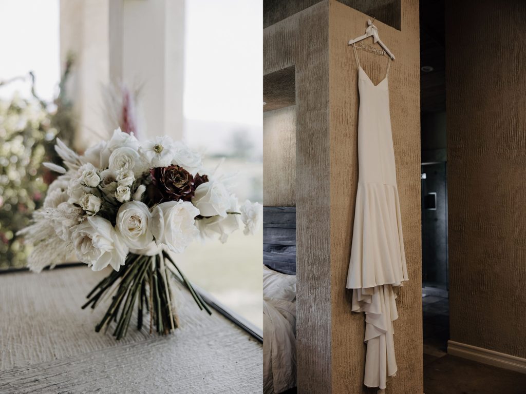 a bouquet and a dress