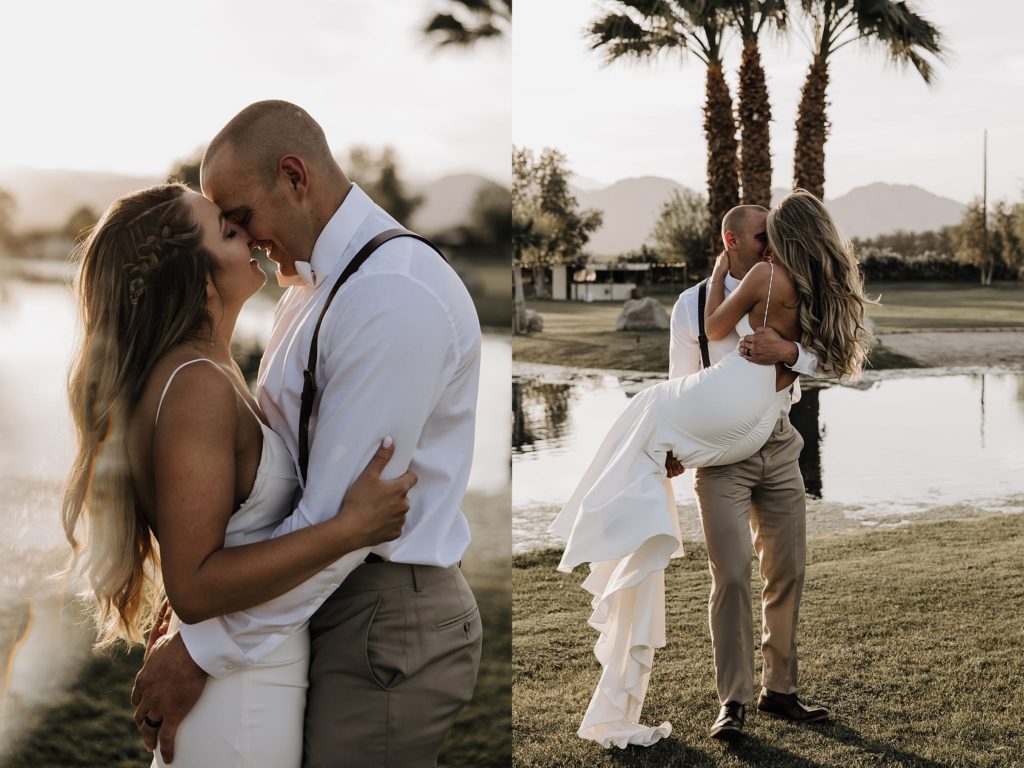 bride and groom embracing