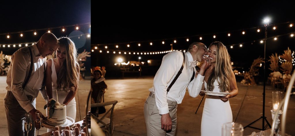 bride and groom cutting cake