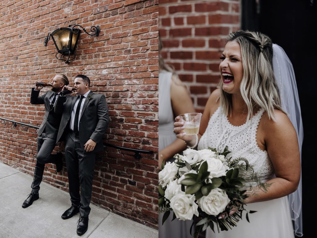 bride and groom drinking before wedding at the estate on second