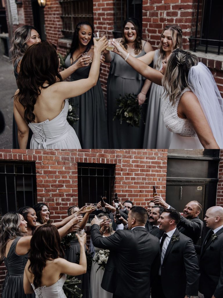 wedding party toasting before wedding