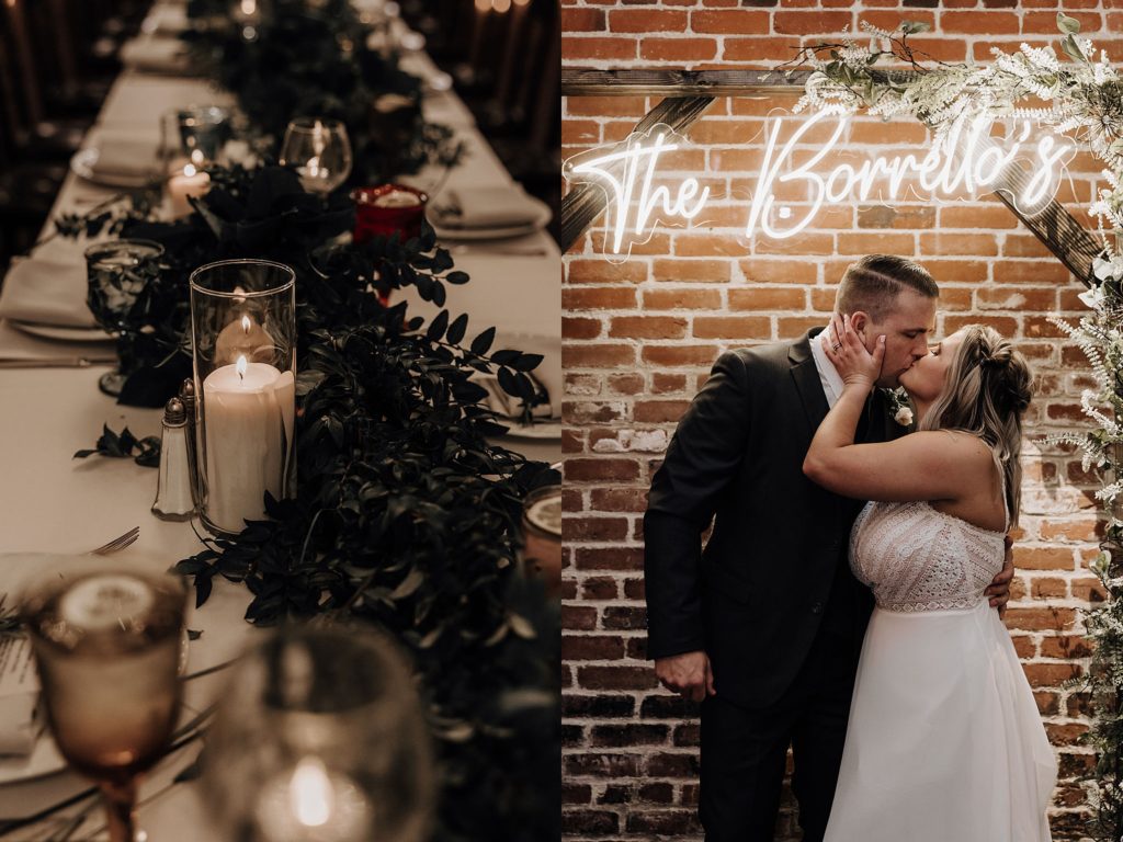 bride and groom kissing under a neon sign