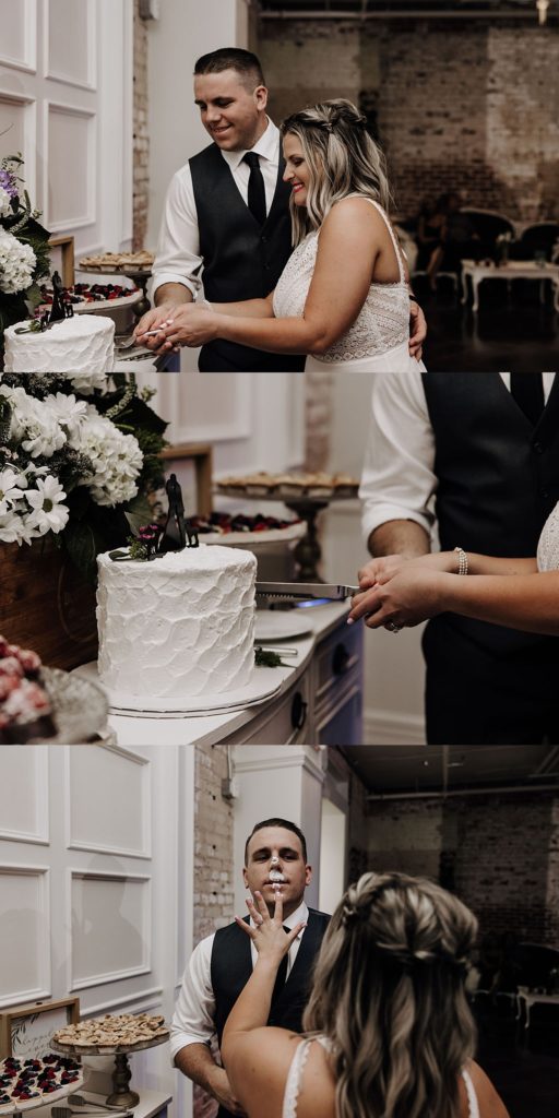 bride and groom cutting their cake